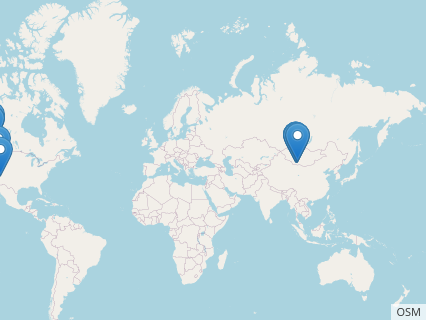 Locations where Saurolophus fossils were found.